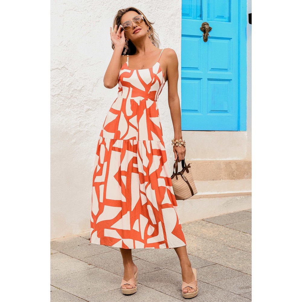 Cupshe Molten Sun Abstract Midi Dress Flowy Tie Back XL Orange White New W Tags